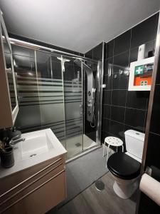 a bathroom with a shower and a sink and a toilet at Porto Nest in Senhora da Hora