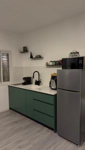 a kitchen with green cabinets and a refrigerator at Ever Blue Suites Inspired by Nature in Ma‘yan Barukh