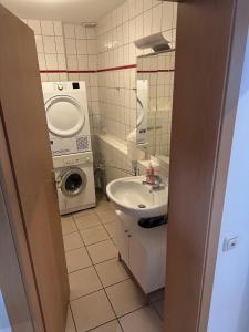 ein Badezimmer mit Waschmaschine und Waschbecken in der Unterkunft 3 Schlafzimmer, Wohnzimmer, Küche, Bad, Terrasse, Parkplatz in Wörrstadt