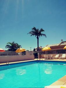 una piscina con sillas y sombrillas y una palmera en Capão Novo 111, en Capão da Canoa
