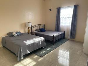 a bedroom with two beds and a window at Hibiscus Apartment in Corinthe +4 photos