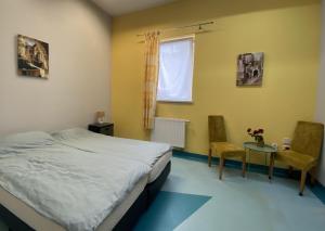ein Schlafzimmer mit einem Bett, einem Tisch und Stühlen in der Unterkunft Hostel Iveda in Świebodzin + 17 Fotos