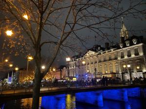 a city at night with a bridge and a building at Studio Alsace in Kirchheim