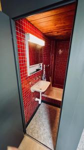 a red tiled bathroom with a sink and a mirror at AlpinRetro-Apartment I Stylisch & zentral I See & Berge I Luzern I Zürich I Stoos I Rigi in Schwyz