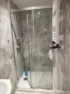 a shower with a glass door in a bathroom at Apartament A2, City of Grudziadz 54m WiFi in Grudziądz