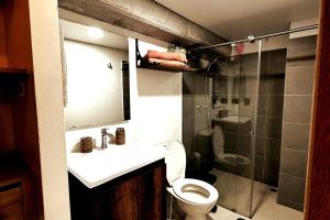 Central Medellin Modern Loft - Balcony and Transit في ميديلين: حمام مع مرحاض ومغسلة ودش +14 صورة