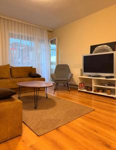 a living room with a couch and a flat screen tv at Apartment in Prishtina, Kosovo in Pristina