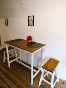 a table with a vase of flowers and a chair at Apartment B B B in Český Krumlov +3 photos