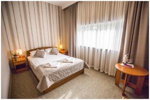 een hotelkamer met een bed en een raam bij Hotel Polonez in Krakau