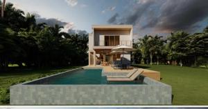 a villa with a swimming pool in front of a house at Luxuosa Casa com Piscina e vista mar em Maraú - Bahia in Marau