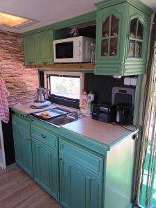 an rv kitchen with green cabinets and a sink at CHILLY WILLY Retro Caravan & Hot Tub in Jablonov nad Turnou