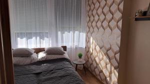 a bedroom with two beds and a window at Emily Apartman Salgótarján in Salgótarján