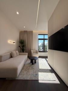 een woonkamer met een bank en een tv bij FID B' Home, Studio moderne entre Vosges et vignoble in Guebwiller