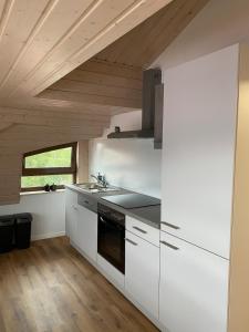 a kitchen with white appliances and a wooden ceiling at Moderne Monteur- und Ferienwohnung am Plettenberg in Dotternhausen +6 photos