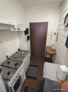 a small kitchen with a stove and a sink at Departamento central frente a centro comercial in Osorno