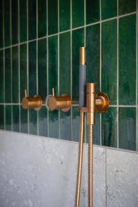 a shower with two knobs on a green tiled wall at SeeZeit am Ossiacher See in Bodensdorf
