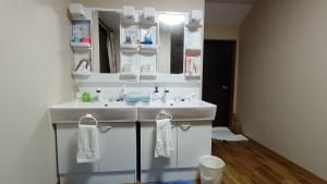 a bathroom with a white sink and a mirror at Echizen Guest House TAMADA - Vacation STAY 03847v in Sakai