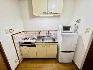 a small kitchen with a sink and a microwave at Blue Eyes Chuo - Vacation STAY 16693 in Kagoshima