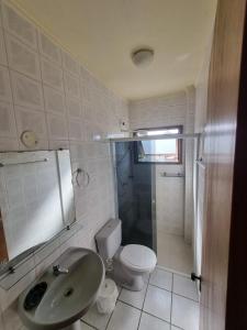 ein Badezimmer mit Waschbecken, Toilette und Dusche in der Unterkunft Apartamento 01 dormitório, mobiliado, equipado in São Leopoldo + 22 Fotos