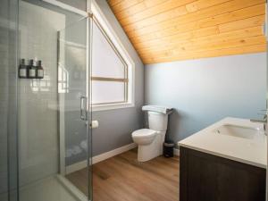 a bathroom with a shower and a toilet and a sink at Pur Lodging Mountain Cabin 1 - Private Hot Tub in Golden +16 photos