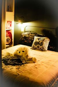 un oso de peluche blanco tirado en una cama en Apartamento Temático de Harry Potter, en São Paulo
