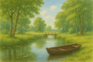 a painting of a boat on a river with a bench at Lutkistube in Lübben in Lübben