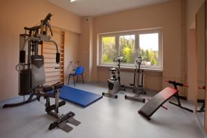 a gym with several tread machines and a window at Ośrodek Sanatoryjno-Wczasowy Hajduczek in Krynica Zdrój