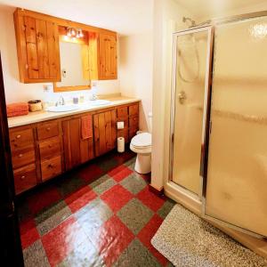 a bathroom with a toilet and a sink and a shower at Rustic 3 bedroom Cottage in The Western Maine Mountains in Waterford Flat +17 photos