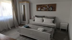 a bedroom with a bed with a motorcycle on the wall at casa Flav in Iaşi