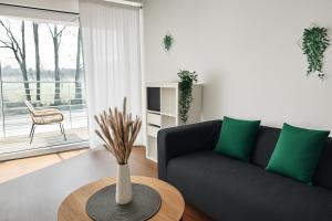 a living room with a couch and a table at Studioappartment mit Balkon in Langenau