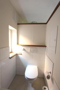 a small bathroom with a toilet and a window at Winter'sches Haus in Nördlingen +6 photos