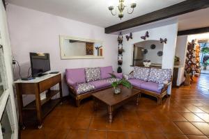 a living room with purple couches and a table at Las Mariposas Hotel & Studios in Oaxaca City