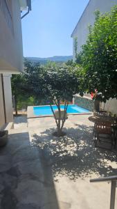 a tree in the middle of a courtyard with a pool at Casa Terras do Douro in Vacalar