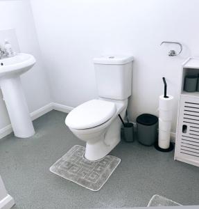 a bathroom with a white toilet and a sink at Raflowhomeslondon in North Woolwich