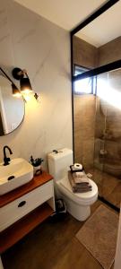 um banheiro com vaso sanitário, pia e chuveiro em Pousada Ecoblue Container em Palhoça