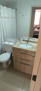 a bathroom with a toilet and a sink at Laguna Bahía Algarrobo Valparaiso in Algarrobo