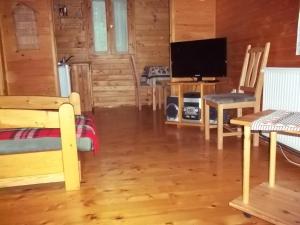 a living room with a television and wooden walls at Romantyk vendégház in Mánfa