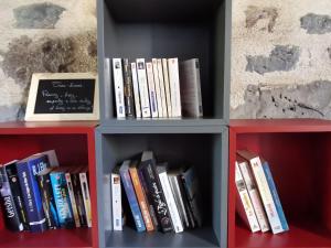 a book shelf filled with lots of books at Maison de vacances rénovée, entre nature et ville, proche du Puy-en-Velay - FR-1-582-321 in Arsac-en-Velay