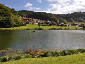 a lake with houses in the middle of a town at Holiday home in Rieden with swimming pool in Volkesfeld