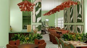 Un comedor con mesas y sillas y plantas. en Hilton Miami Beach, en Miami Beach