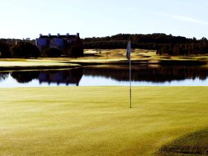 a golf course with a flag in the middle of a green at 4 star holiday home in oxie in Oxie