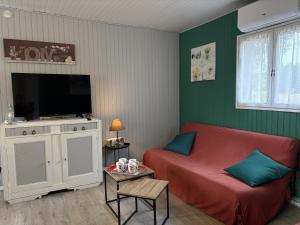Una sala de estar con un sofá rojo y un televisor de pantalla plana. en Gîte De Fontariol avec Piscine Couverte en Auvergne - FR-1-489-590, en Le Theil
