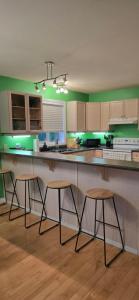 a kitchen with green walls and a large counter with stools at Northern Manor in Yellowknife