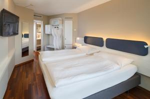 a large white bed in a room with a tv at Hotel Welcome Inn in Kloten +19 photos
