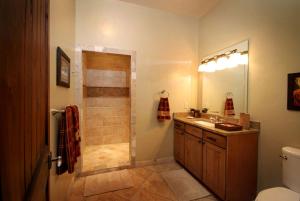 a bathroom with a shower and a sink and a toilet at Cozy Lodge Suite Rental with Mountain Views in Silver Bow County, Montana in Divide