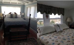 ein Schlafzimmer mit einem Bett und einem Kreuz am Fenster in der Unterkunft Bayfront Cottage Rental with a Private Beach on Virginia's Eastern Shore in Onancock