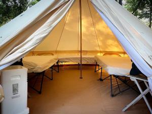 a tent with three beds in the middle at Exciting Family Vacation with Kayaks, Canoes, and More: Comfortable Bell Tent near New Braunfels, Texas in Second Crossing