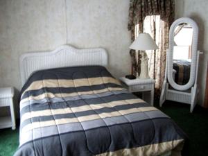 ein Schlafzimmer mit einem Bett und einem Spiegel in der Unterkunft Spacious Vacation Cottage Rental near the Waterfront in Beautiful Put-in-Bay, Ohio in Put-in-Bay