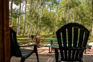 two chairs and a table on a deck with trees at Waterfront Camping Cabin near the Great Sand Dunes in Colorado in Monarch