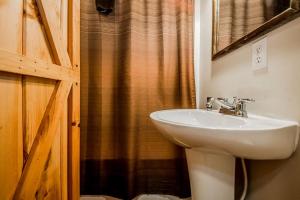 a bathroom with a sink and a shower curtain at Secluded Pet Friendly Wooden Cabin with Sauna, Hot-tub and Pool Table in Cleveland, Georgia in Kinseytown +17 photos